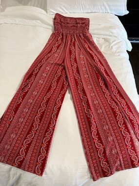 Red Bandana-Print Wide Leg Jumpsuit with Smocked Waist
